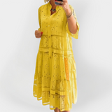 Nėriniuotas Suknelė su Rankovėmis ir Priekiniais Mygtukais