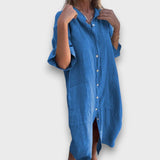 Lininis Suknelė su Mygtukais ir Kišenėmis