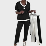 Moteriškas Neformalus Komplektas su Topu ir Kelnėmis su V Iškirpte