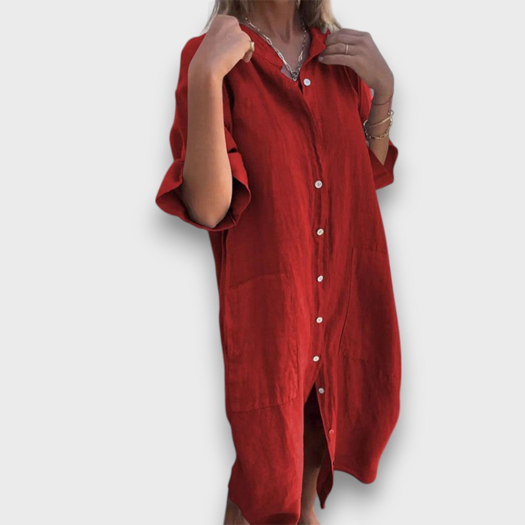 Lininis Suknelė su Mygtukais ir Kišenėmis