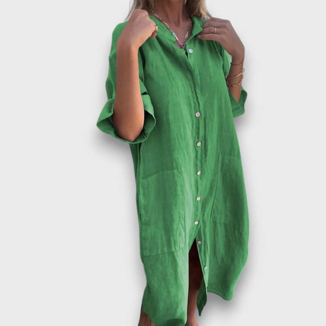 Lininis Suknelė su Mygtukais ir Kišenėmis