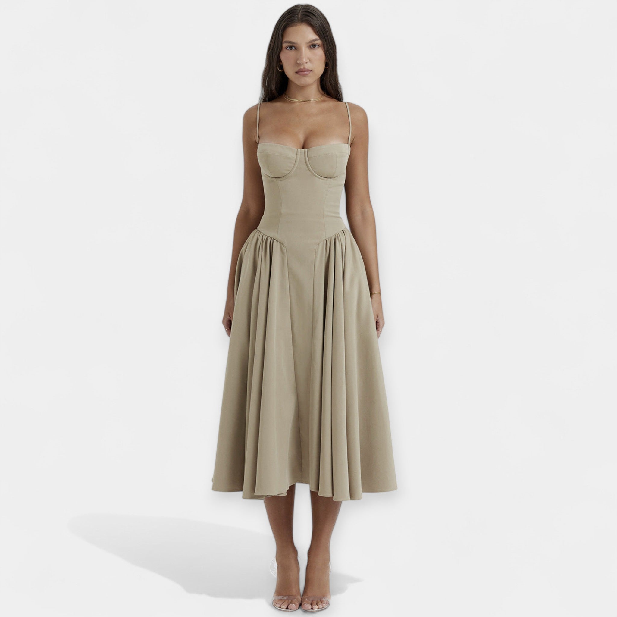 Retro Midi Suknelė su Plonomis Petnešomis