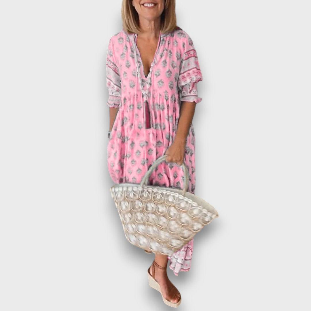 Boho Suknelė su 3/4 Rankovėmis ir Kaklo Iškirpte su Virvutėmis