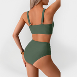 Moteriškas Aukštai Pjaustytas Bikini Su Apvadu Ant Krūtinės