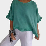 Lengva Lino Bluzonė su Siūlėmis ir Volanais