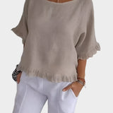 Lengva Lino Bluzonė su Siūlėmis ir Volanais