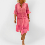 Nėriniuotas Suknelė su Rankovėmis ir Priekiniais Mygtukais