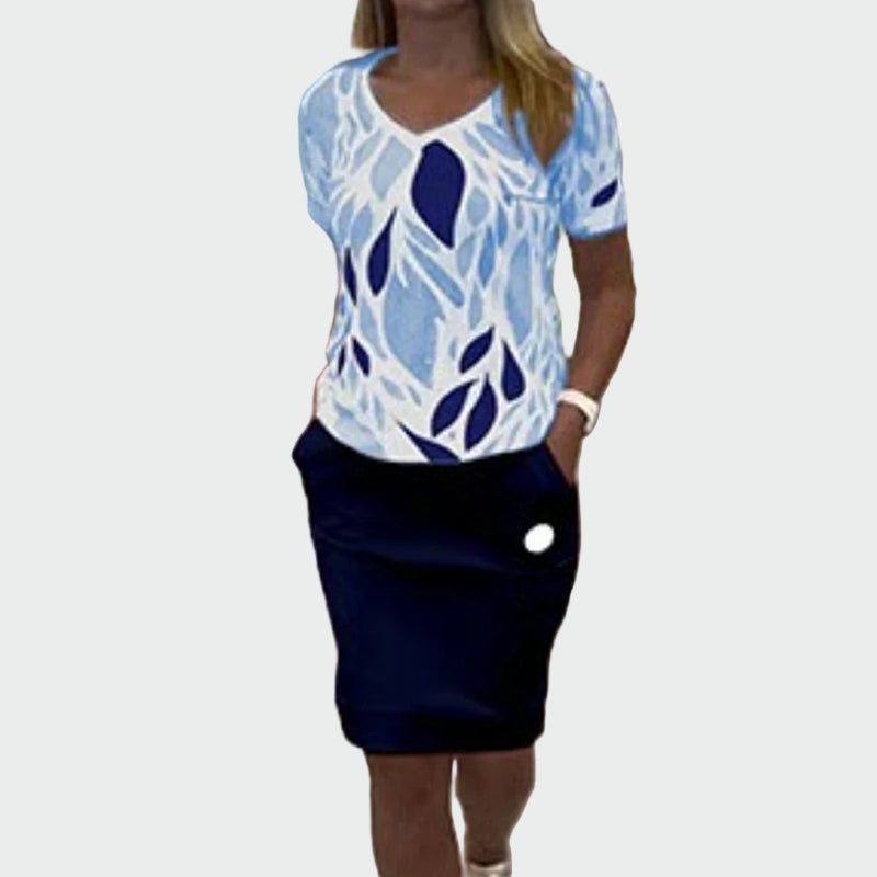 Stilingas Komplektas su Raštu ir Elegantiška Sijonu