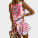 Mirava – Mini Suknelė Rožinės Spalvos Raštu