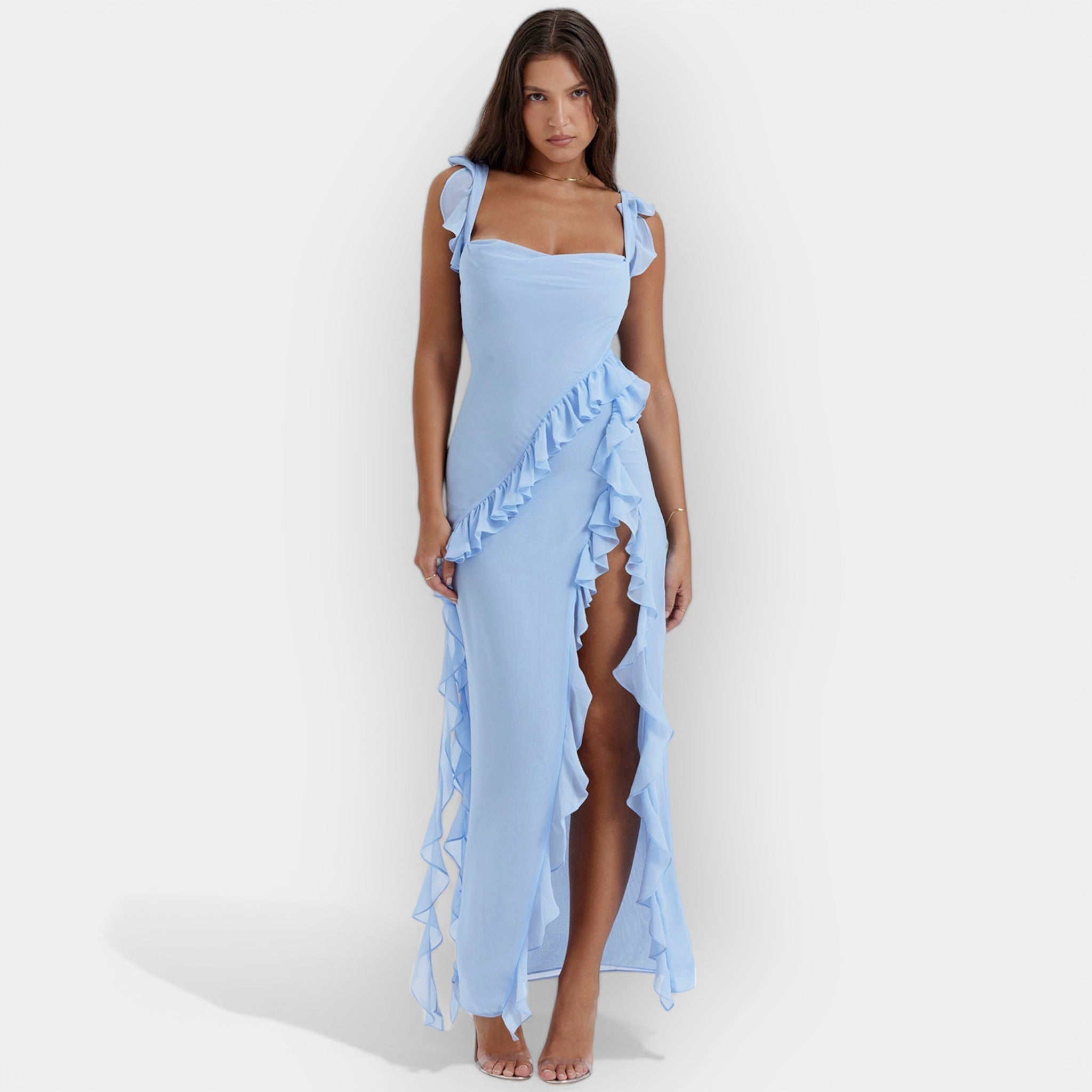 Suknelė su Iškirptu Ir Reguliuojamais Volanais