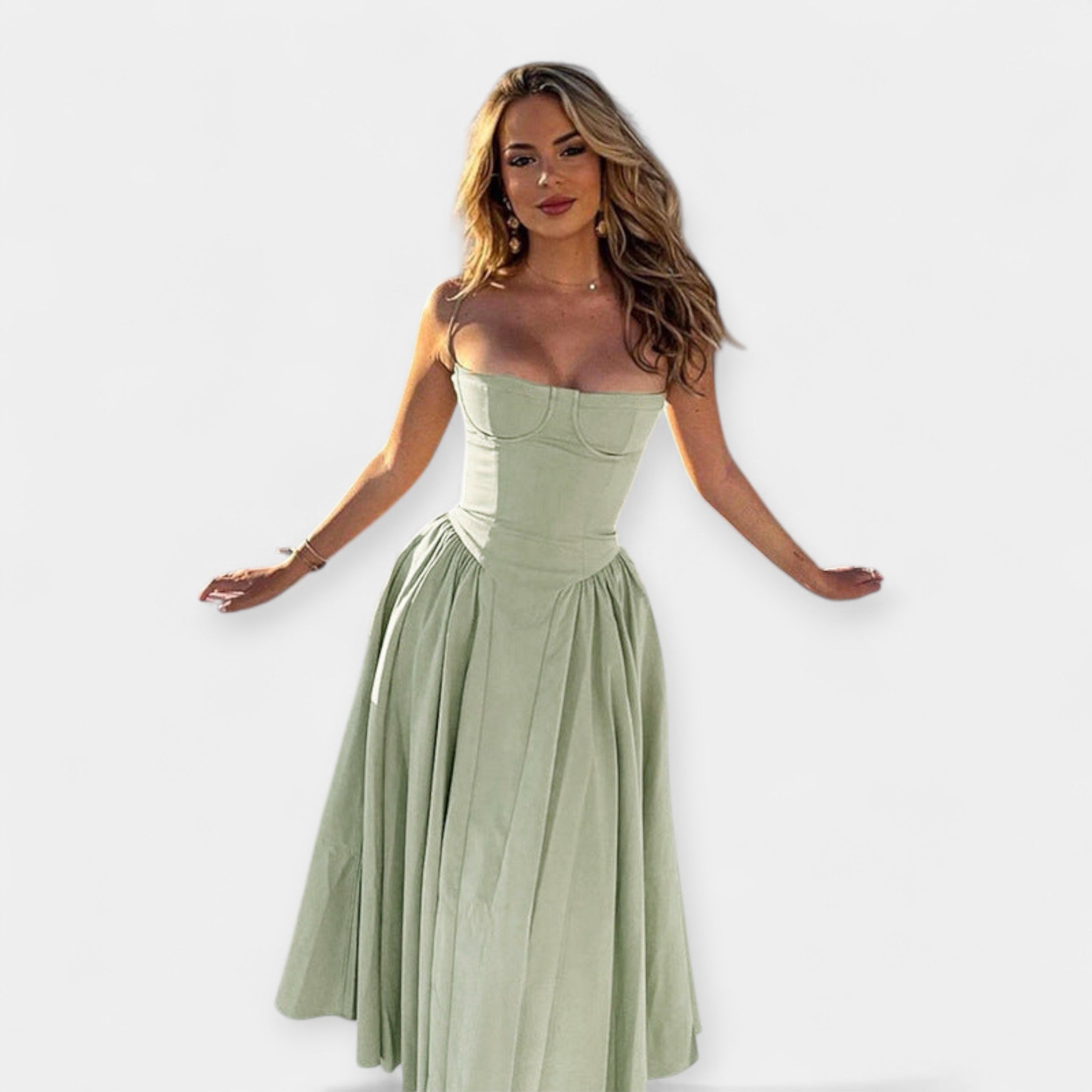 Retro Midi Suknelė su Plonomis Petnešomis