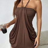 Šokoladinis Mini Suknelė Su Kaklo Užrišimu