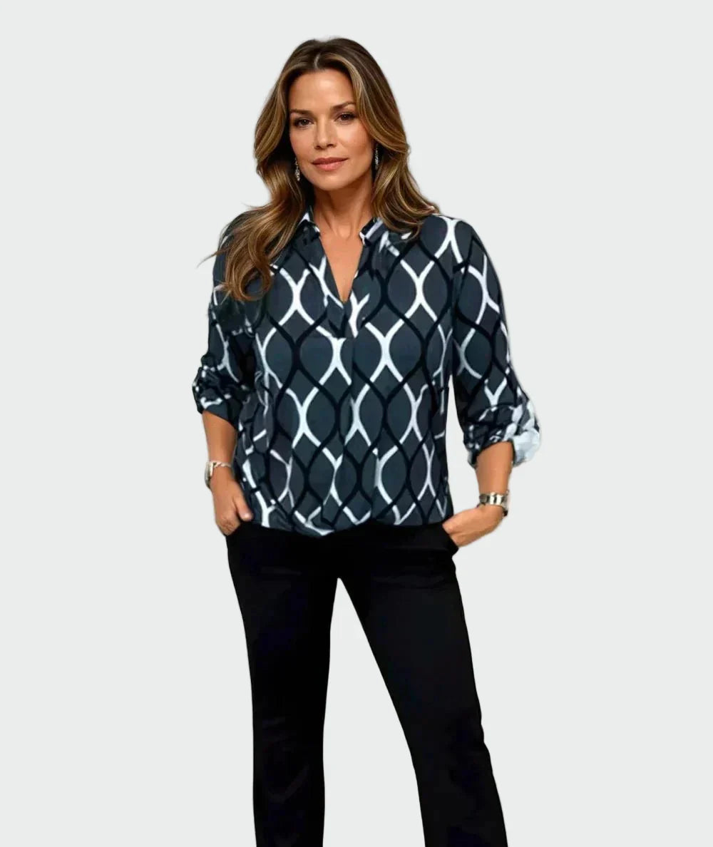 Klasikinė palaidinė su ilgomis rankovėmis ir elegantišku raštu